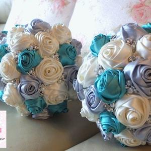 Turquoise Bouquet, Satin Rose Bouquet,  Ribbon Rose Bouquet, Bridal Bouquet, Bridesmaid Bouquet