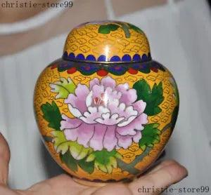 China Bronze cloisonne Hand-painted peony flower bird statue Tank Crock Pot Jar