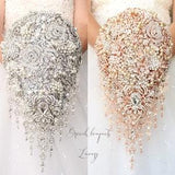 Cascade brooch bouquet. Jeweled silver or rose gold wedding bouquet. Glamour wedding
