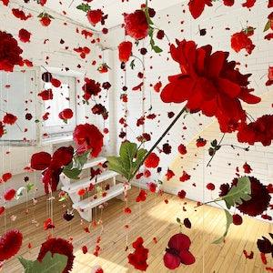 Red Hanging Flower Garland Installation; home decor, weddings, photography (Multiple Sizes Available and Custom Colours)