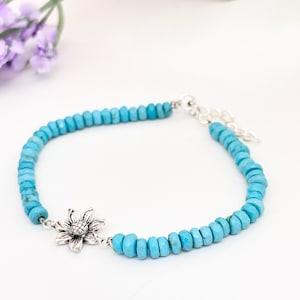 Natural Sky Blue Turquoise 925 Sterling Silver Oxidized Flower Bracelet, sunflower beaded with gemstone beads, stacked minimalist trendy
