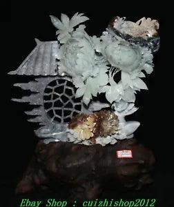 14" China Natural Green Xiu Jade Bird Magpie Peony Flower Wall Animal Statue