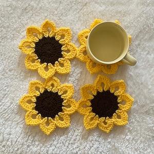 Sunflower coaster set, crochet sunflower coasters, crochet sunflowers, handmade coasters, crochet coasters, home decor, cute home gifts