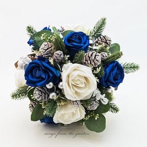 Winter Wedding Bridal Bouquet Navy Silver & White Bouquet Eucalyptus Frosted Pine Cones Roses - add a Groom's Boutonniere and More!