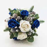 Winter Wedding Bridal Bouquet Navy Silver & White Bouquet Eucalyptus Frosted Pine Cones Roses - add a Groom's Boutonniere and More!