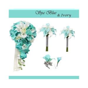 Build your wedding package-Aqua blue ivory artificial rose orchid real touch calla lily wedding bouquet corsage boutonniere beach