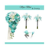 Build your wedding package-Aqua blue ivory artificial rose orchid real touch calla lily wedding bouquet corsage boutonniere beach