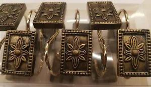 NEW 12PC VINTAGE  HAND PAINTED Carlisle Antique Gold Shower Curtain Hooks Flower