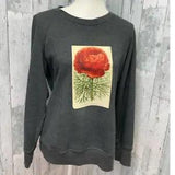 Hand Printed Upcycled Large Red Peony Flower Long Sleeve Crew Neck Sweatshirt