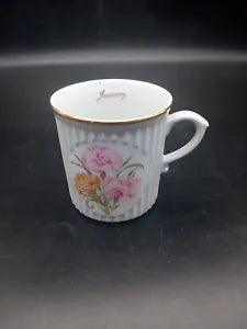 Original Czechoslovakia January Carnations Flowers Gold Rim Mug