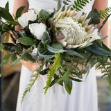 Wedding bouquet, wedding flowers, boho bouquet, bridal bouquet, greenery, eucalyptus, protea, Anemone
