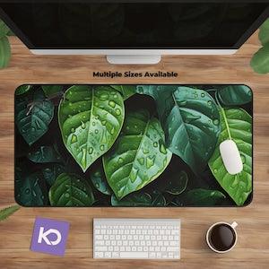 Desk Mat Plants: Green Plant Mat with Leaf Pattern and Water Drops Design, Large Mousepad for Nature Lovers
