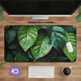 Desk Mat Plants: Green Plant Mat with Leaf Pattern and Water Drops Design, Large Mousepad for Nature Lovers
