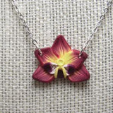 Moth Orchid Pendant Necklace, Burgundy Yellow, Polymer Clay, Floral Nature Jewelry, Statement Piece, Unique Womens Gift, Phalaenopsis Flower