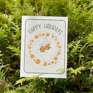 Happy Holidays Flower Wreath Plantable Christmas Card, Wildflower Seed Paper Holiday Card, Floral Boho Christmas, Sustainable Gift, Handmade