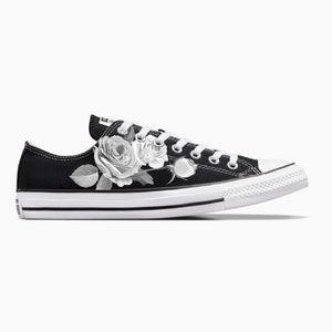 Black and White Rose Bouquet - Custom Black Low Top Converse Chuck Taylor shoes for Women and Men