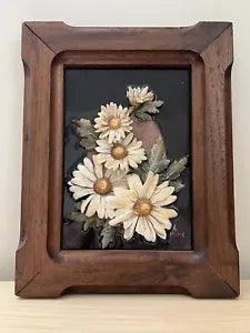 Vintage Flower Resin Art Real Daisies By Hume Wall Art Wood Frame BOHO MCM 70??s