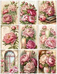 Set of 9 Vintage Shabby Chic Peonies Collage Art STICKERS - Just Cut & Use!