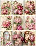 Set of 9 Vintage Shabby Chic Garden Peonies  Craft STICKERS - Just Cut & Use!