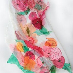 Floral silk chiffon scarf- Ranunculus bouquet, Hand painted silk scarf, Lightweight scarf in Pink and green, Summer fashion