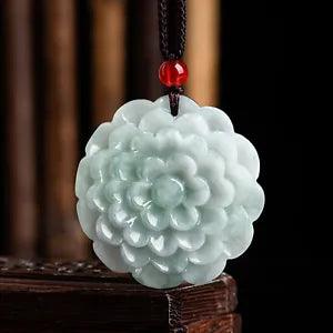Natural Grade A Ice Jade Jadeite Lucky Men Women Gift Peony Flower Round Pendant
