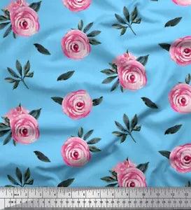 Soimoi Blue Cotton Duck Fabric Leaves & Ranunculus Floral Decor-UF6
