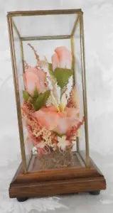 Vtg Brass Glass Display Case Dried Artificial Flower Pink Roses Wood Base MCM 9"