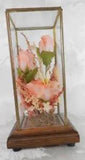 Vtg Brass Glass Display Case Dried Artificial Flower Pink Roses Wood Base MCM 9"