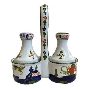 Brolli & Toniolo Blue Carnation Ceramic Salt Pepper Caddy Set Floral Italy