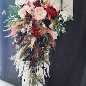 Burgundy black pink cascading bouquet Bridal bouquet Faux bouquet Boho wedding bouquet Burgundy cascade Red Peony Eucalyptus maroon bouquet