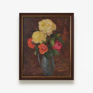 Vintage original oil painting. By Soviet Ukrainian artist N. Makeeva. Framed large impressionist roses still life. Fine art. One of a kind.