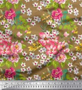 Soimoi Cotton Poplin Fabric Leaves & Peony Floral Print Fabric by-iRp