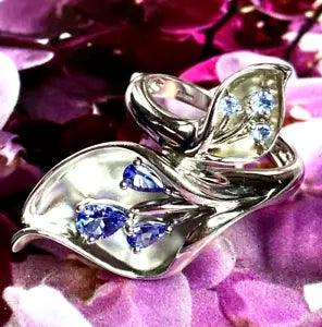 925 Sterling Silver Calla Lily Cocktail Ring Round and Pear-shaped Tanzanites
