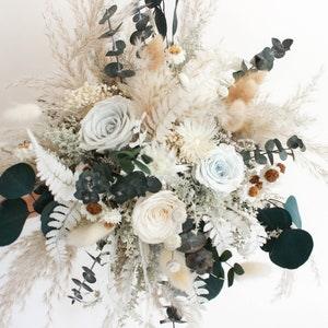 White+Ivory+Light Blue Roses Eucalyptus bouquet / Greenery Bouquet with neutral Dried Flowers and Grasses