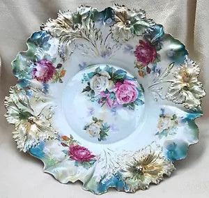 Spectacular 15" RS Prussia 1900 "Roses" Floral Carnation Mold Center Bowl