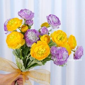 3 Heads Ranunculus Stem | Ranunculus Bouquet | High Quality Artificial Flower | DIY | Home Decoration | Gifts - Yellow + Light Purple