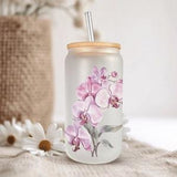 Bouquet of Purple Orchids Frosted Glass Can with Bamboo Lid 16 Oz Floral Libbey Glass Cup by Mugzan