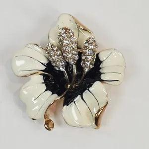 Orchid Lily Flower Gold Tone Enamel and Crystal Rhinestone Pin Badge Brooch
