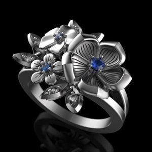 Fiorella Flower Ring *Sapphire With 10k/14k/18k White, Yellow, Rose, Green Gold, Gold Plated & Silver* Bouquet Rose Daisy Petal Leaf Nature