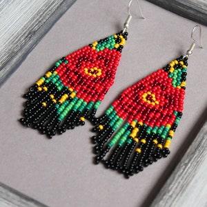 Red roses earrings Flowers earrings Red Long earrings Floral beaded earrings Crystal Seed bead earrings Boho earrings Flowers fringe earring