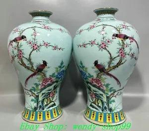 13" YongZheng Marked Famille Rose Porcelain Peony Flower Bird Bottle Vase Pair