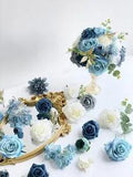 28 Pcs Blue Artificial Flowers Combo Box Fake Roses Dahlia Hydrangea Peony