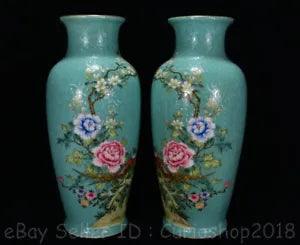 12.8" Qianlong Chinese Famille rose Porcelain Peony Flower Vase Bottle Pair