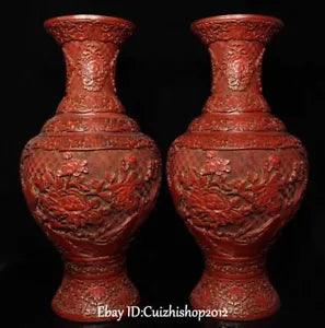 15" China Qing Qianlong Dynasty Wood Lacquerware Peony Flower Bottle Vase Pair