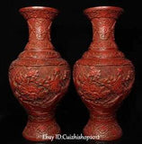 15" China Qing Qianlong Dynasty Wood Lacquerware Peony Flower Bottle Vase Pair