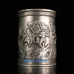 Rare Collection Old Tibetan Silver Hand Carved Peony Flower Brush Pots