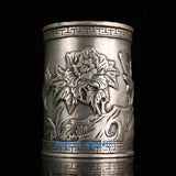 Rare Collection Old Tibetan Silver Hand Carved Peony Flower Brush Pots