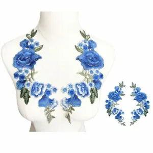 2PCS Roses Flowers Peony Embroidered Sew Patches 27cm Blue Wedding DIY Appliques