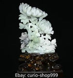 Unique 100% Natural Xiu Jade Pure Hand Carving Magpie Bird Peony Flower Statue