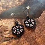 Small Black and Pink Beaded Flower Earrings